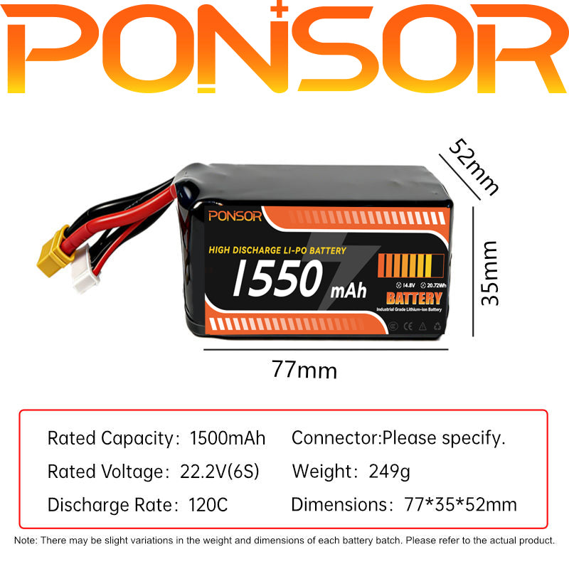 Drone High discharge Li-po battery 1550mAh 4S 6S 120C